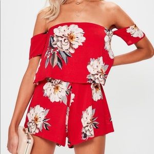 NWT - Missguided Red Floral Crepe Overlay Romper